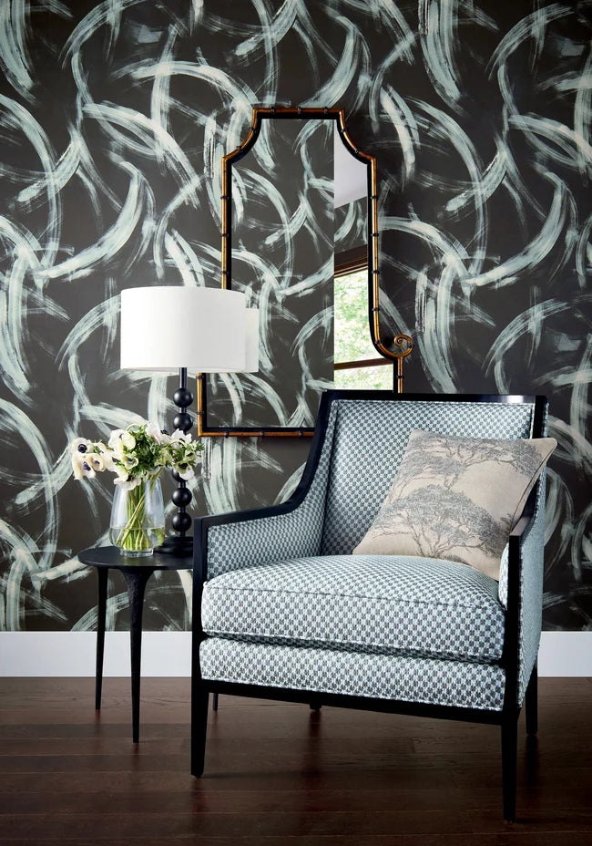 Thibaut Magnus wallpaper with Non Woven shown on a feature wall in a contemporary lounge.