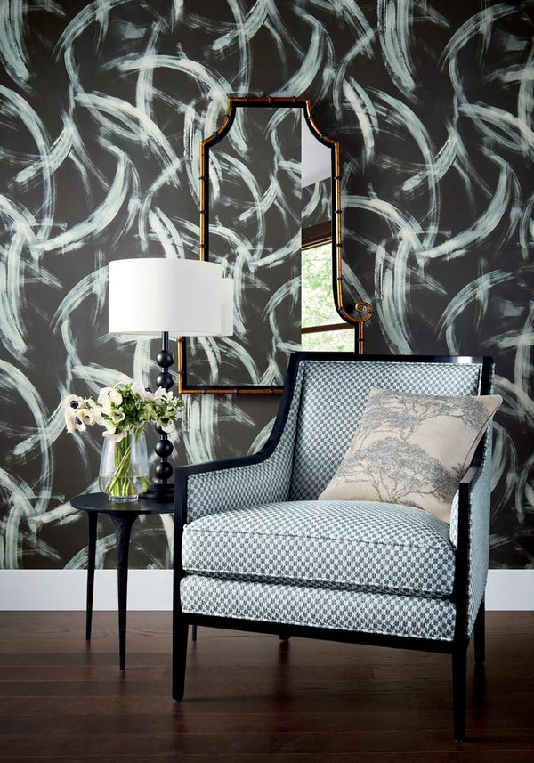 Thibaut Magnus wallpaper with Non Woven shown on a feature wall in a contemporary lounge.