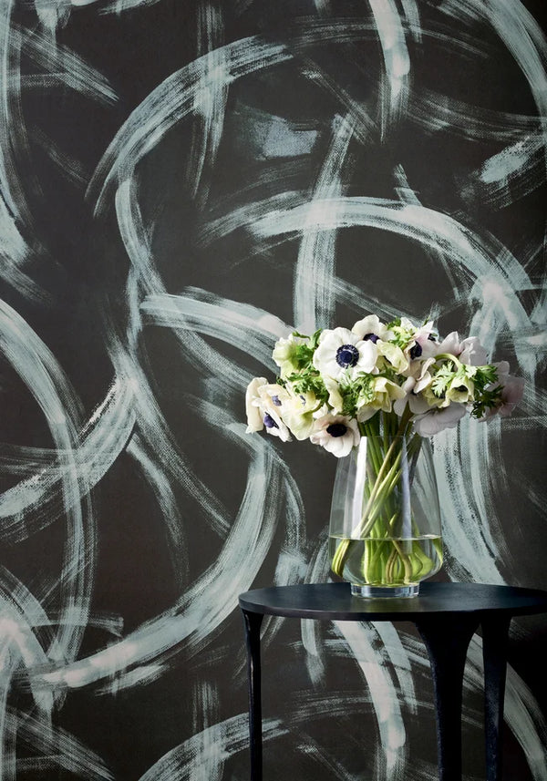 Thibaut Magnus wallpaper with Non Woven shown on a feature wall in a contemporary lounge.