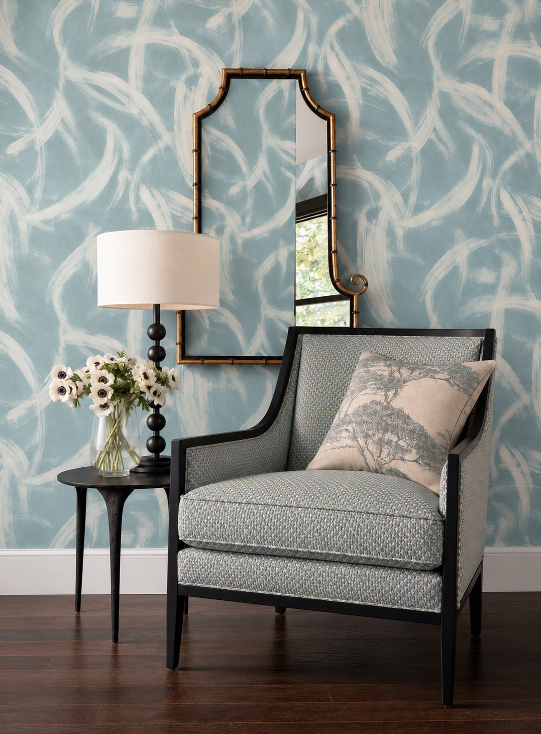 Thibaut Magnus wallpaper with Non Woven shown on a feature wall in a contemporary lounge.