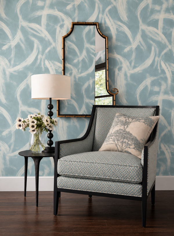 Thibaut Magnus wallpaper with Non Woven shown on a feature wall in a contemporary lounge.