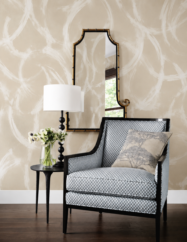 Thibaut Magnus wallpaper with Non Woven shown on a feature wall in a contemporary lounge.