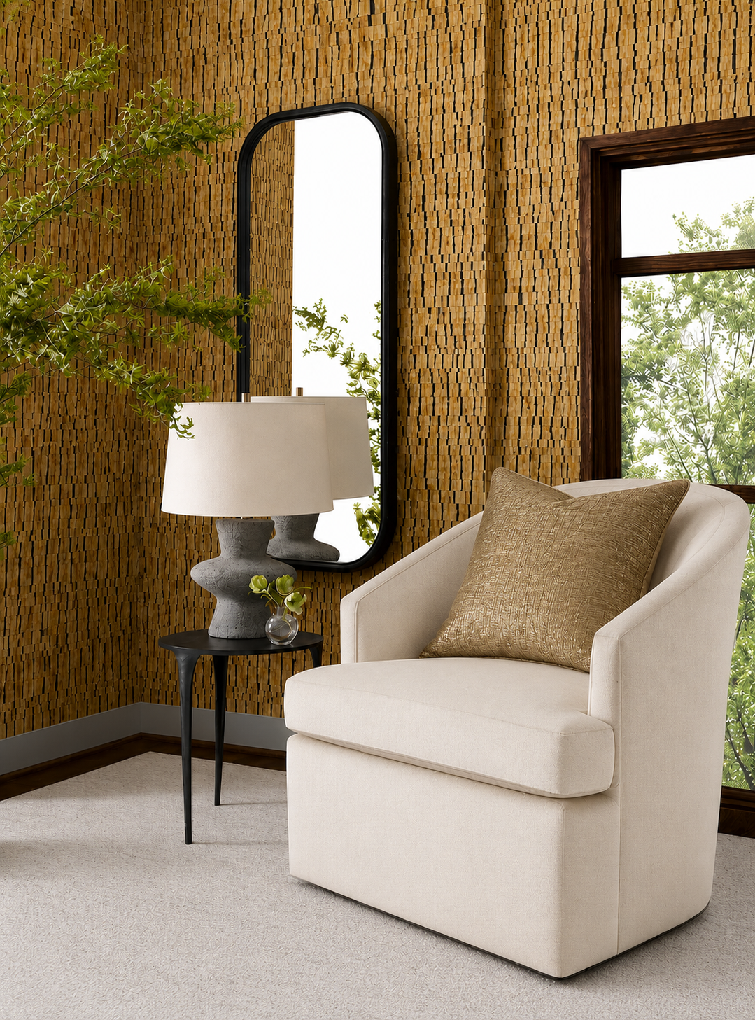 Thibaut Namonaki Gold T24425 – hand-laid hyacinth mosaic on soft gold foil grasscloth wallpaper.