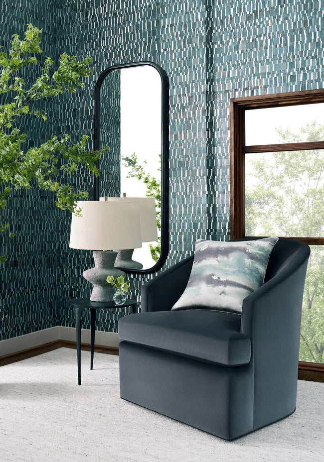 Thibaut Namonaki wallpaper with Waterlily Leaves and Foil on Non Woven shown on a feature wall in a contemporary lounge.