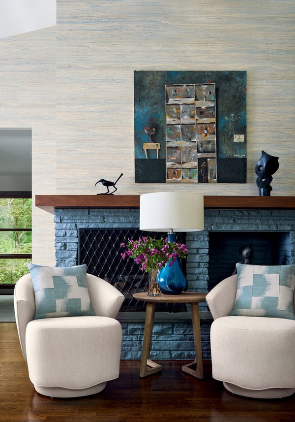 Thibaut Overlook wallpaper with Abaca on Non Woven shown on a feature wall in a contemporary lounge.