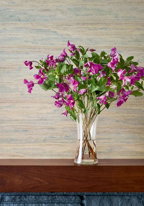 Thibaut Overlook wallpaper with Abaca on Non Woven styled beside a decorative vase detail.