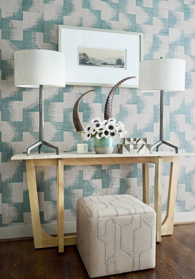 Thibaut Raffia Squares wallpaper with Raffia on Non Woven shown on a feature wall in a contemporary lounge.
