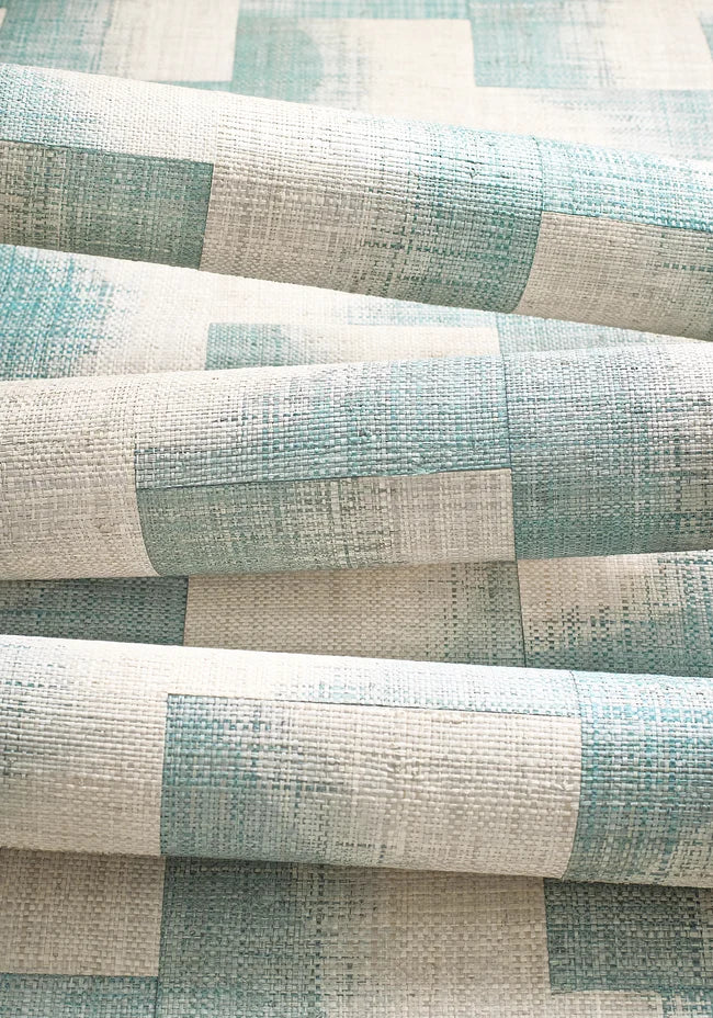 Rolled Thibaut Raffia Squares wallpaper with Raffia on Non Woven showing the surface texture and pattern detail.