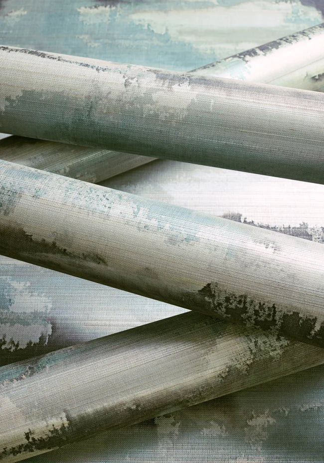 Rolled Thibaut Silver Lining wallpaper with Abaca on Foil showing the surface texture and pattern detail.