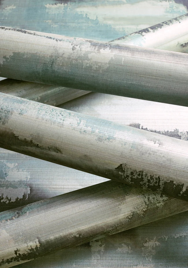 Rolled Thibaut Silver Lining wallpaper with Abaca on Foil showing the surface texture and pattern detail.