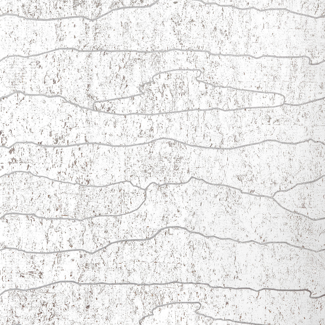 Thibaut Cloud Mosaic White Silver cork wallpaper T24405 with abstract cloud-like shapes over a metallic silver ground.
