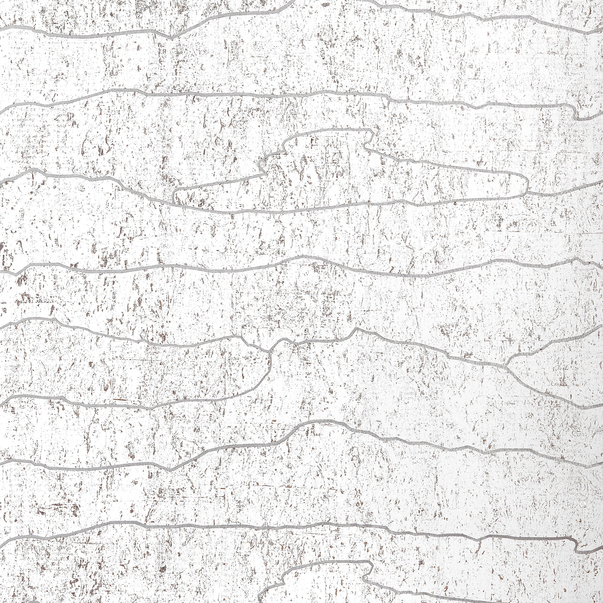 Thibaut Cloud Mosaic White Silver cork wallpaper T24405 with abstract cloud-like shapes over a metallic silver ground.