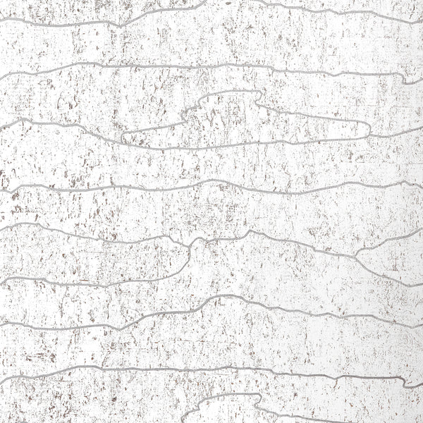 Thibaut Cloud Mosaic White Silver cork wallpaper T24405 with abstract cloud-like shapes over a metallic silver ground.