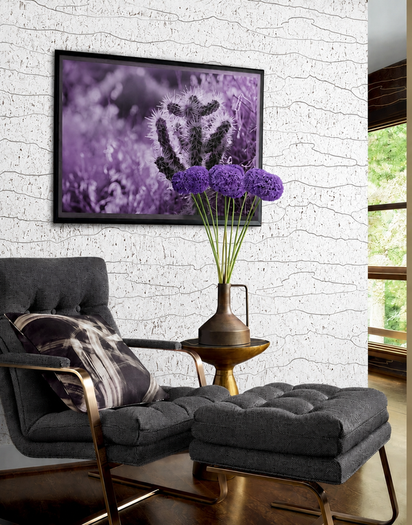 Thibaut Cloud Mosaic wallpaper with Cork and Foil on Non Woven styled behind modern furniture.