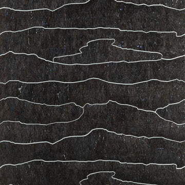 Thibaut Cloud Mosaic T24406 black and silver cork wallpaper with organic cloud bands over metallic foil.