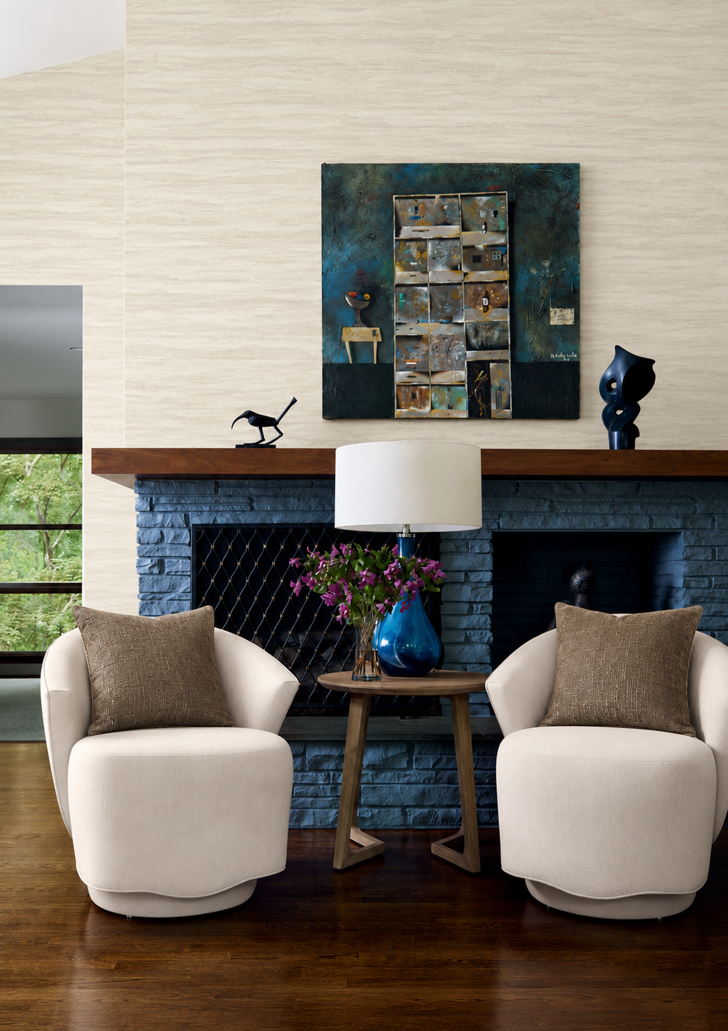 Thibaut Overlook wallpaper with Abaca on Non Woven styled in a modern interior