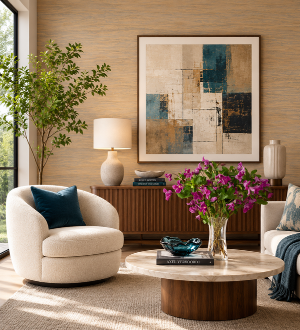 Thibaut Overlook Gold T24410 abstract gold abaca grasscloth wallpaper with layered horizon effect in a modern room.