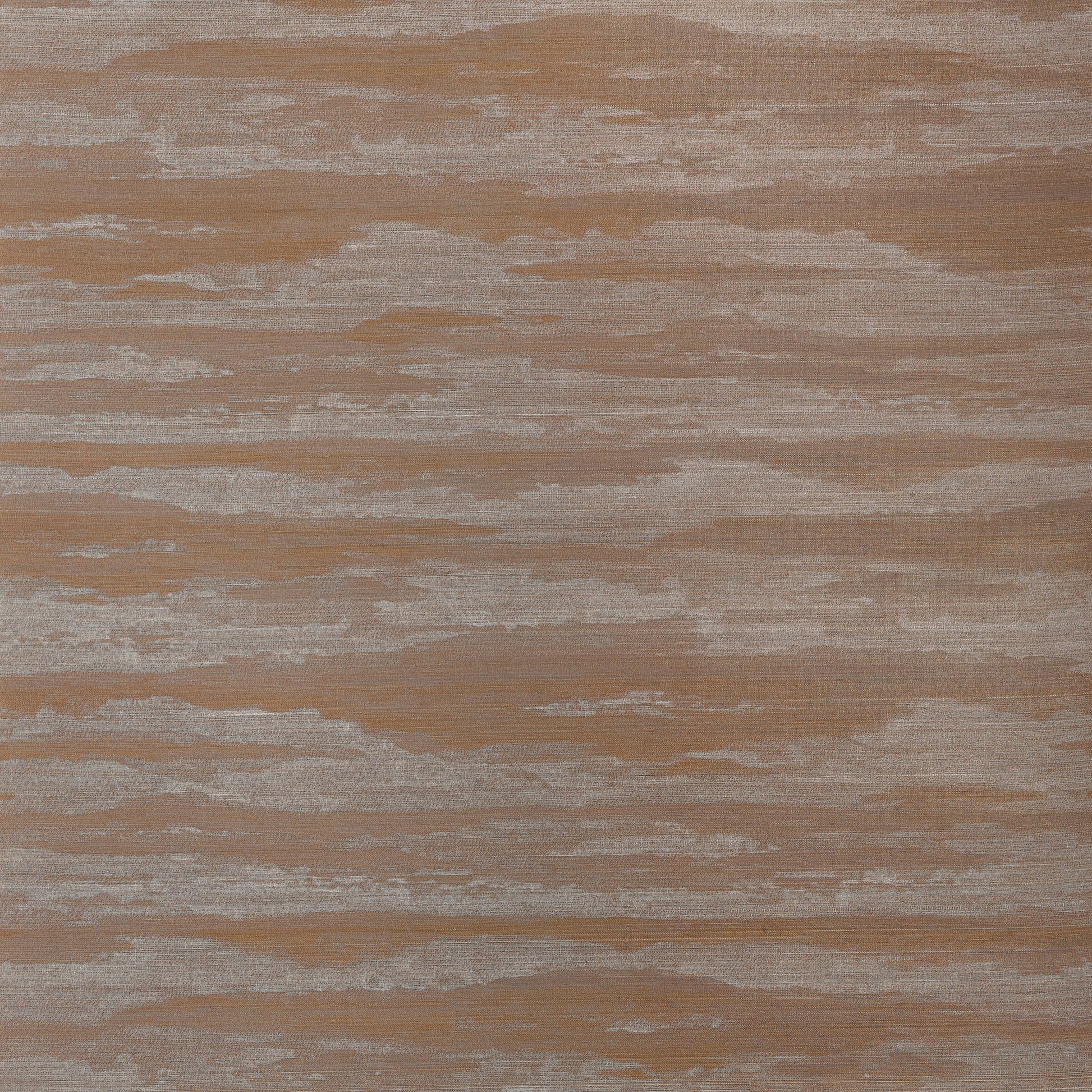 Thibaut Overlook Copper T24411 abaca grasscloth wallpaper with hazy, mountain-inspired bands in warm copper and silvery taupe.