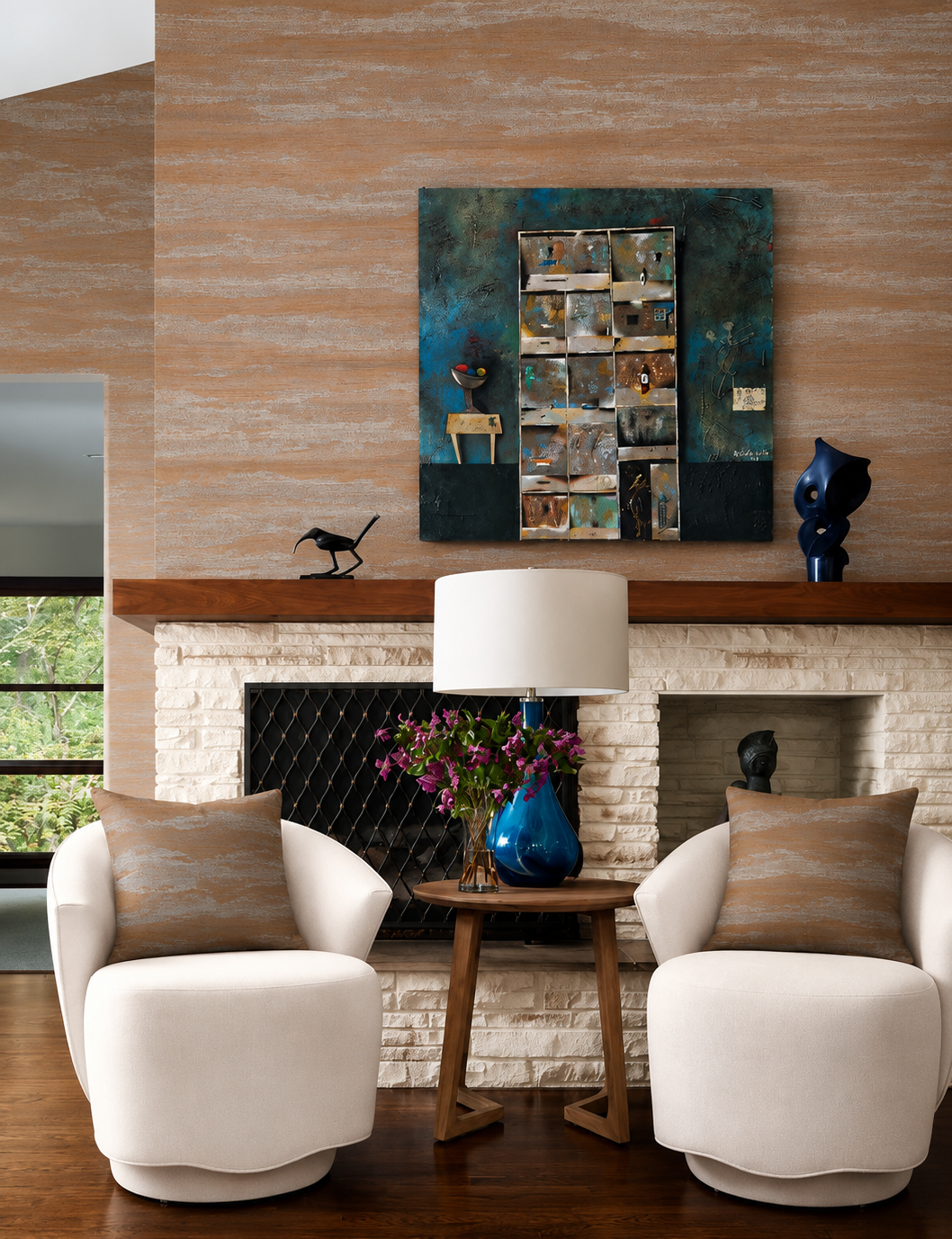Thibaut Overlook Copper T24411 abaca grasscloth wallpaper with hazy, mountain-inspired bands in warm copper and silvery taupe.