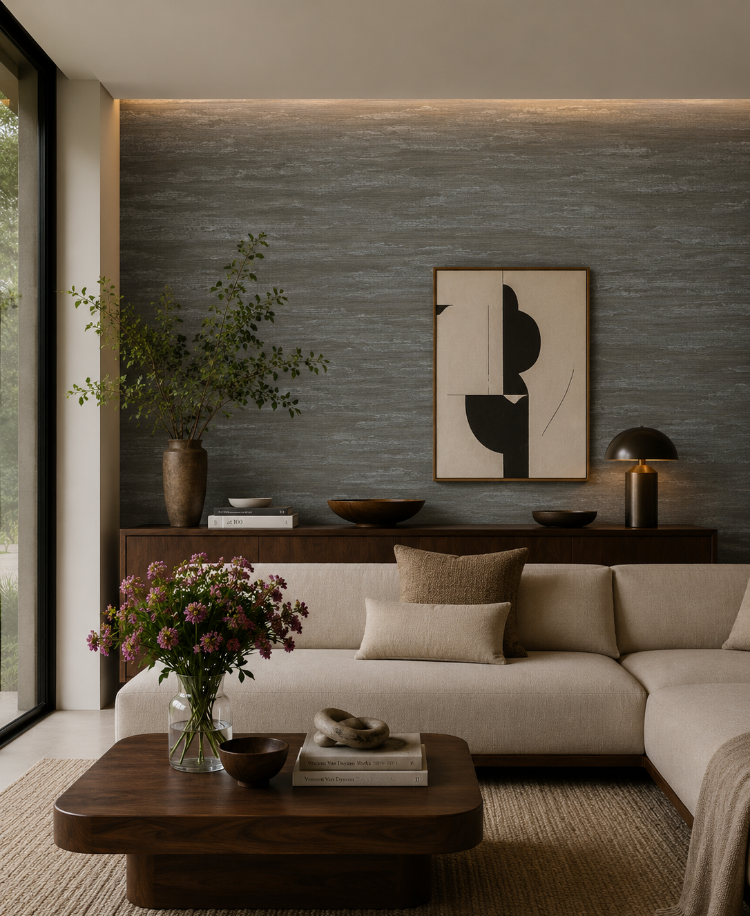 Thibaut Overlook wallpaper with Abaca on Non Woven styled in a modern living room