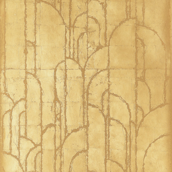 Thibaut Deco Moon Gold T24414 wallpaper with Art Deco arches in brushed gold metal leaf.