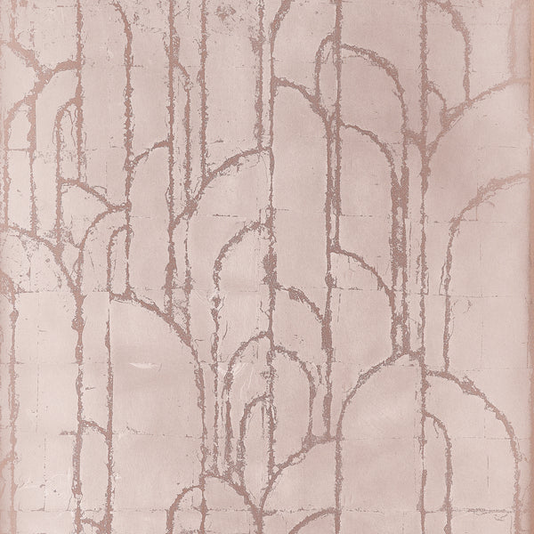 Thibaut Deco Moon wallpaper in Rose Gold featuring sweeping Art Deco arches on hand-laid metal leaf.
