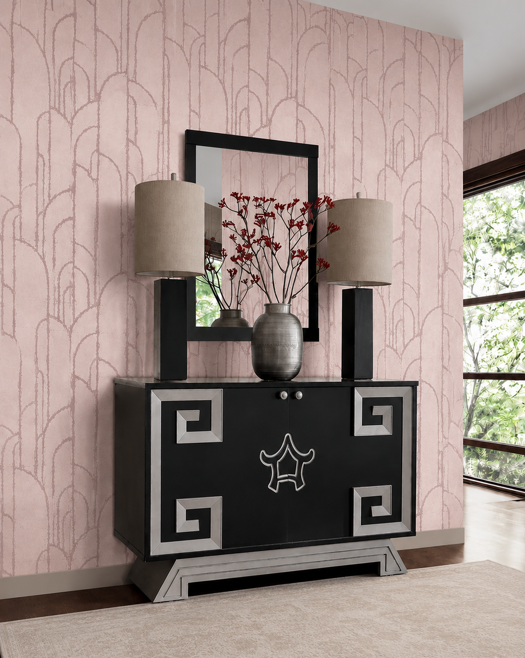 Thibaut t24415 Deco Moon wallpaper with Metal Leaf on Non Woven behind a decorative console table.