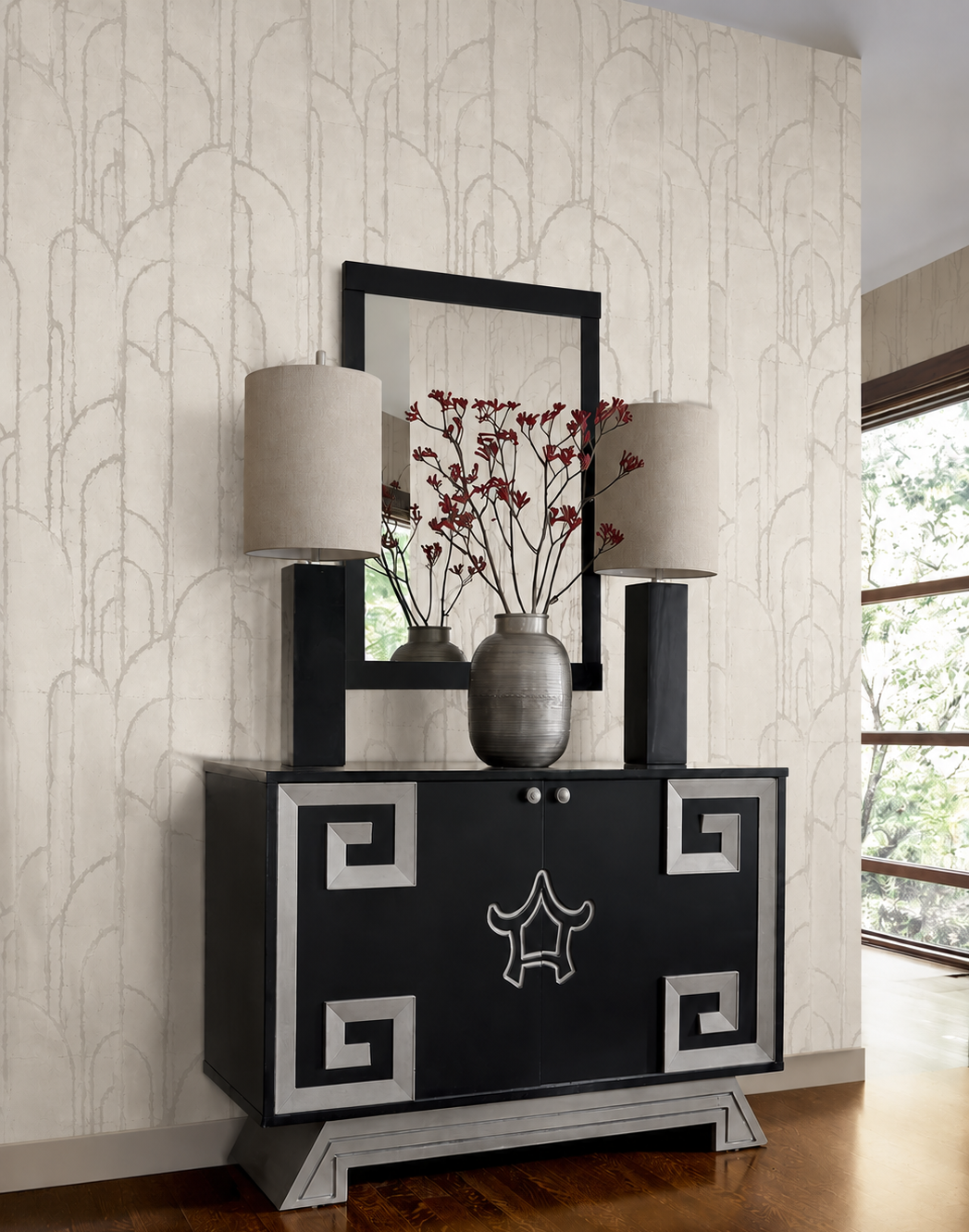 Thibaut t24416 Deco Moon wallpaper with Metal Leaf on Non Woven styled behind a decorative console table.