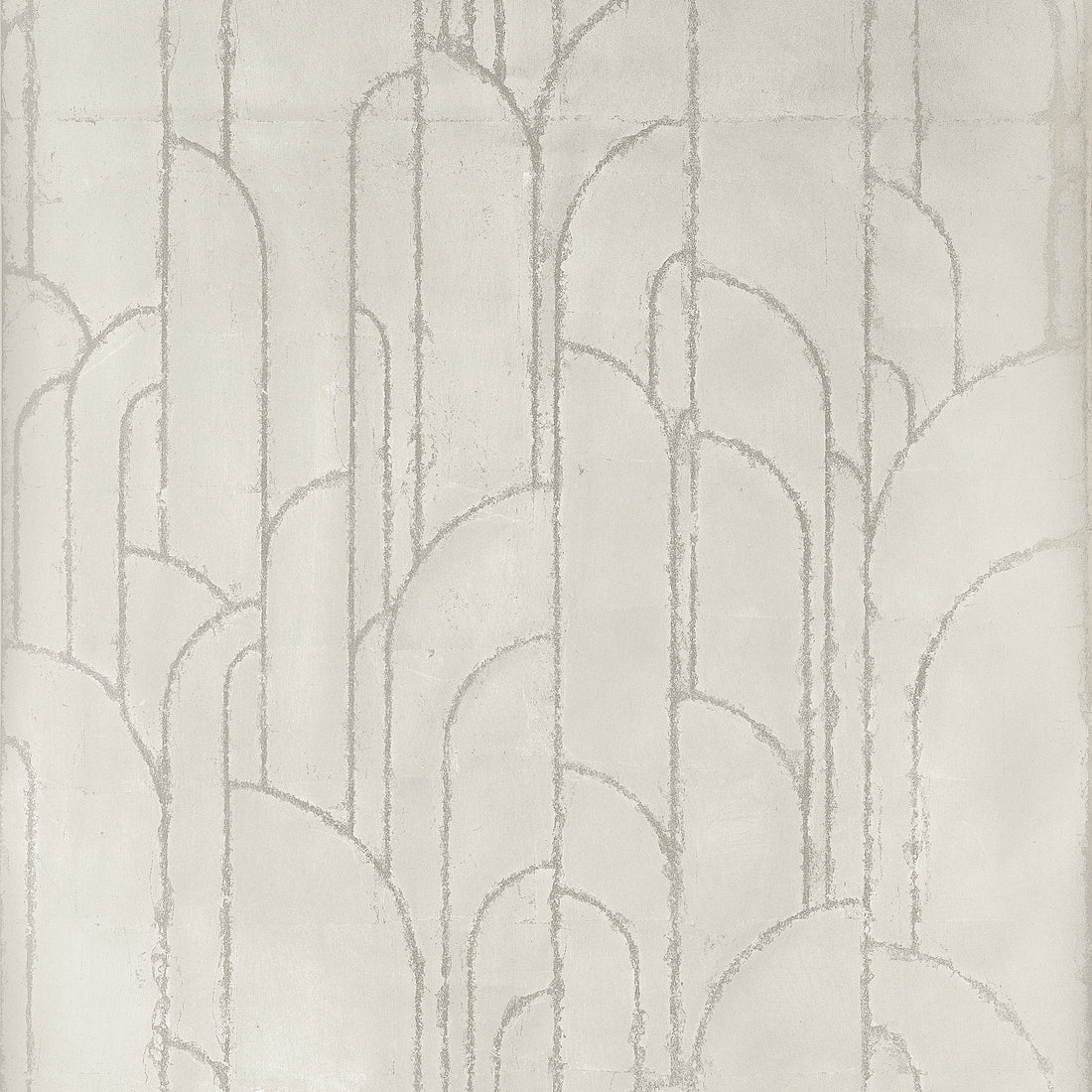 Thibaut Deco Moon Gilver T24416 wallpaper with metallic Art Deco arches in silver on a soft light ground.