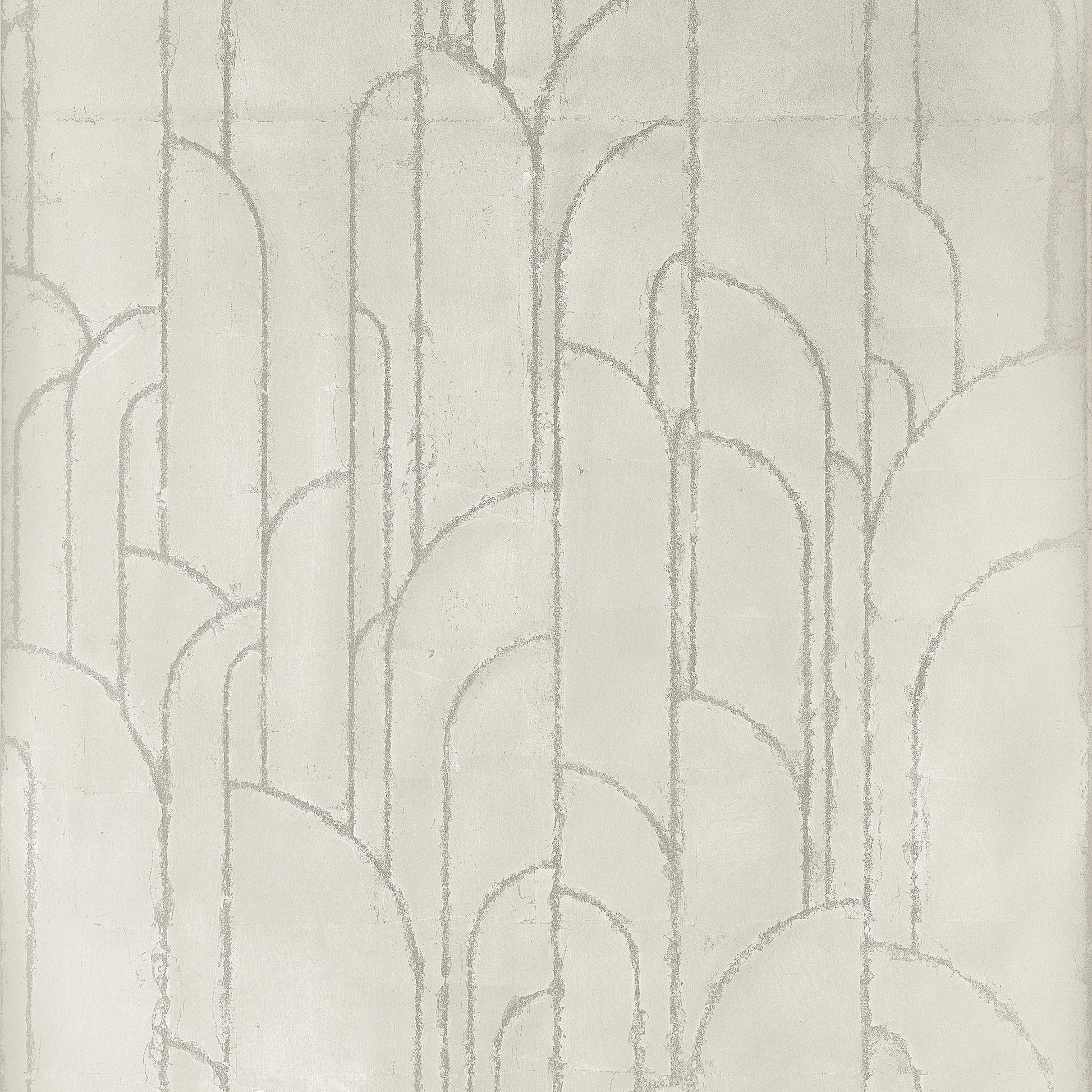 Thibaut Deco Moon Gilver T24416 wallpaper with metallic Art Deco arches in silver on a soft light ground.