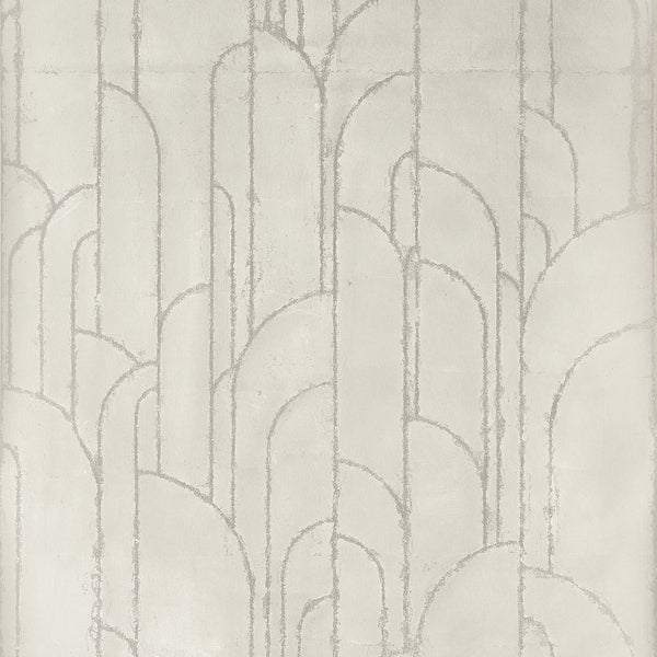 Thibaut Deco Moon Gilver T24416 wallpaper with metallic Art Deco arches in silver on a soft light ground.