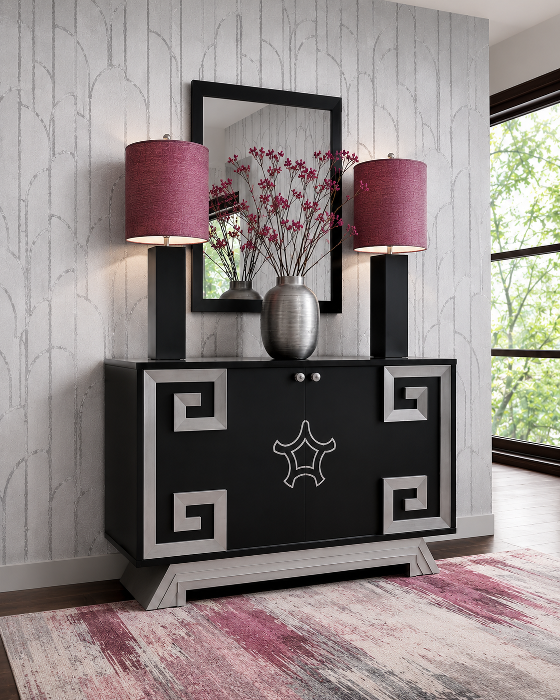 Thibaut t24417 Deco Moon wallpaper with Metal Leaf on Non Woven shown on a feature wall in a contemporary lounge.