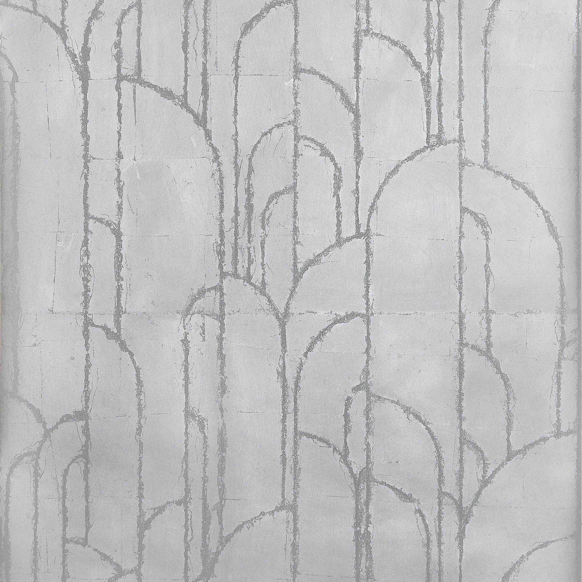 Thibaut Deco Moon Silver T24417 wallpaper showing sweeping Art Deco arches in luminous silver metal leaf.