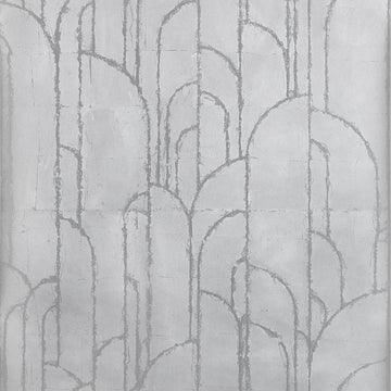 Thibaut Deco Moon Silver T24417 wallpaper showing sweeping Art Deco arches in luminous silver metal leaf.