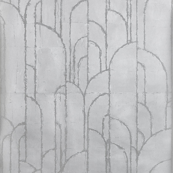 Thibaut Deco Moon Silver T24417 wallpaper showing sweeping Art Deco arches in luminous silver metal leaf.