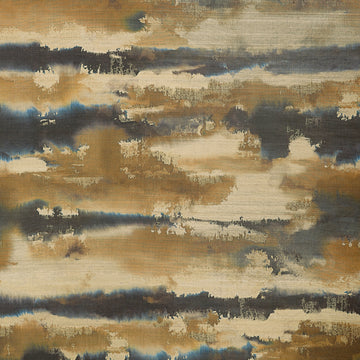 Thibaut Silver Lining T24419 wallpaper in Indigo and Gold on abaca with metallic foil, abstract cloud pattern.