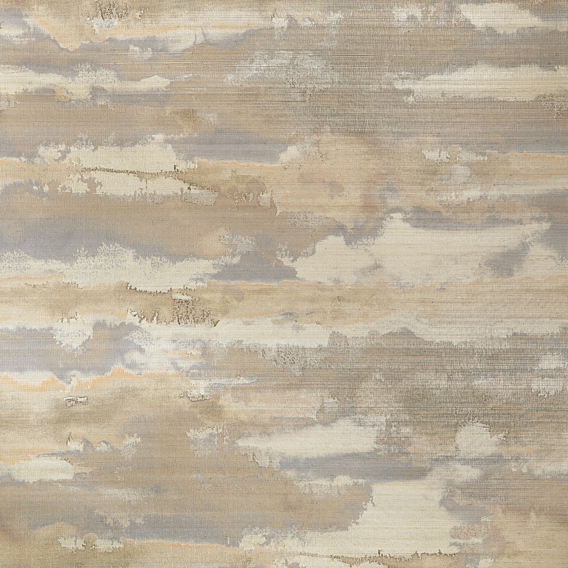 Thibaut Silver Lining wallpaper in Champagne T24420 with watercolor cloud effect on abaca grasscloth over a subtle metallic foil ground.