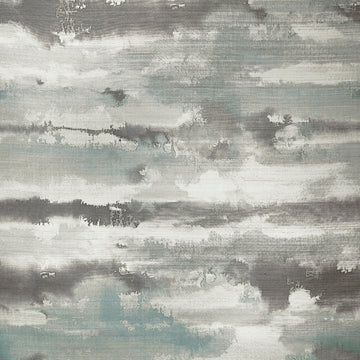 Thibaut Silver Lining Mineral T24421 abstract cloud pattern on abaca grasscloth with metallic sheen in mineral grey and blue.