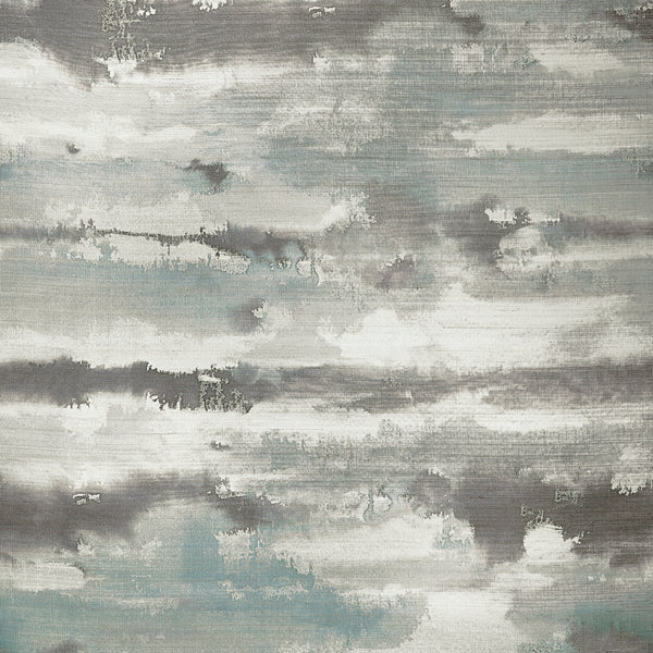 Thibaut Silver Lining Mineral T24421 abstract cloud pattern on abaca grasscloth with metallic sheen in mineral grey and blue.