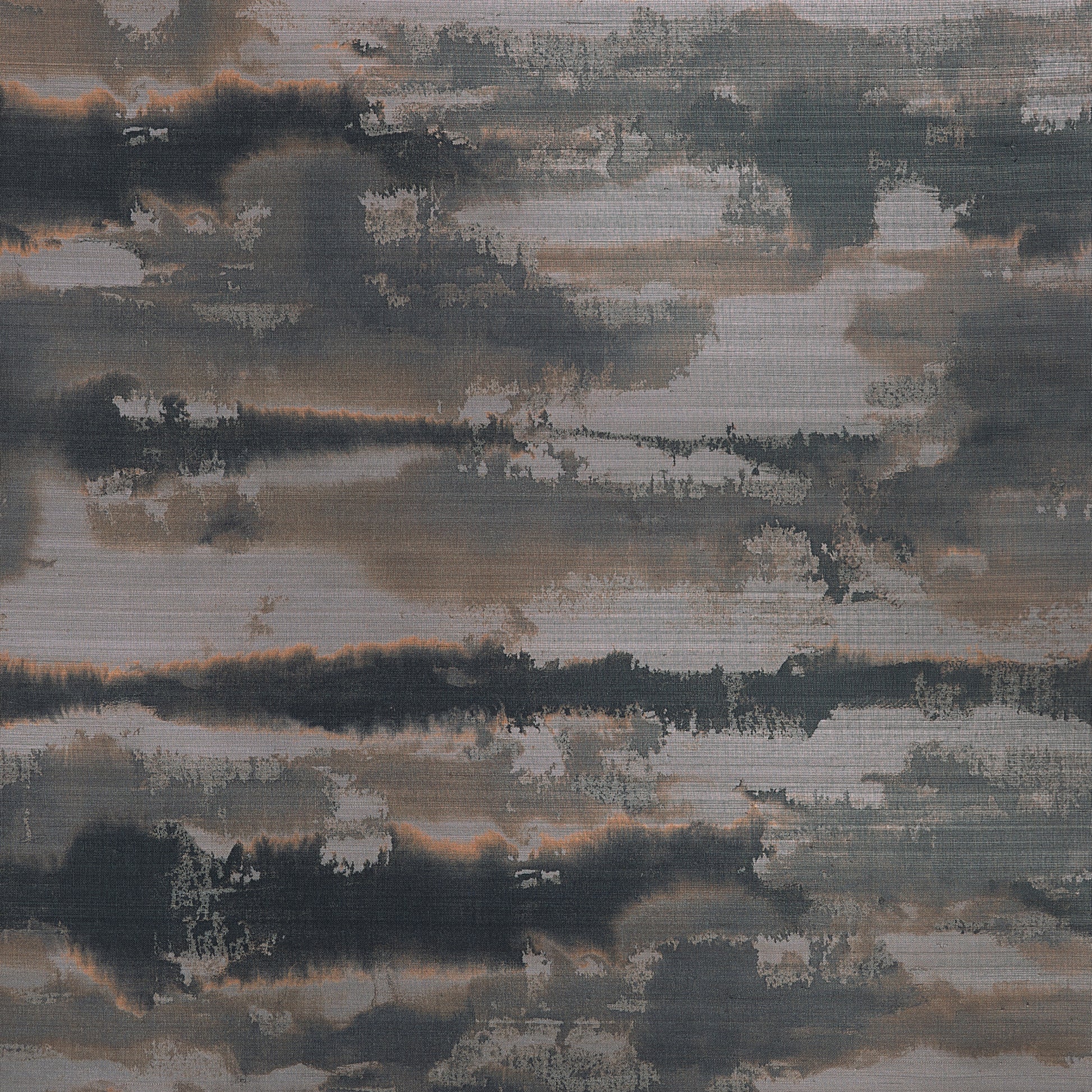 Thibaut Silver Lining wallpaper in Graphite T24422 featuring abstract watercolor cloud bands on abaca grasscloth over a subtle metallic foil ground.
