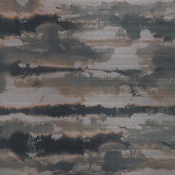 Thibaut Silver Lining wallpaper in Graphite T24422 featuring abstract watercolor cloud bands on abaca grasscloth over a subtle metallic foil ground.