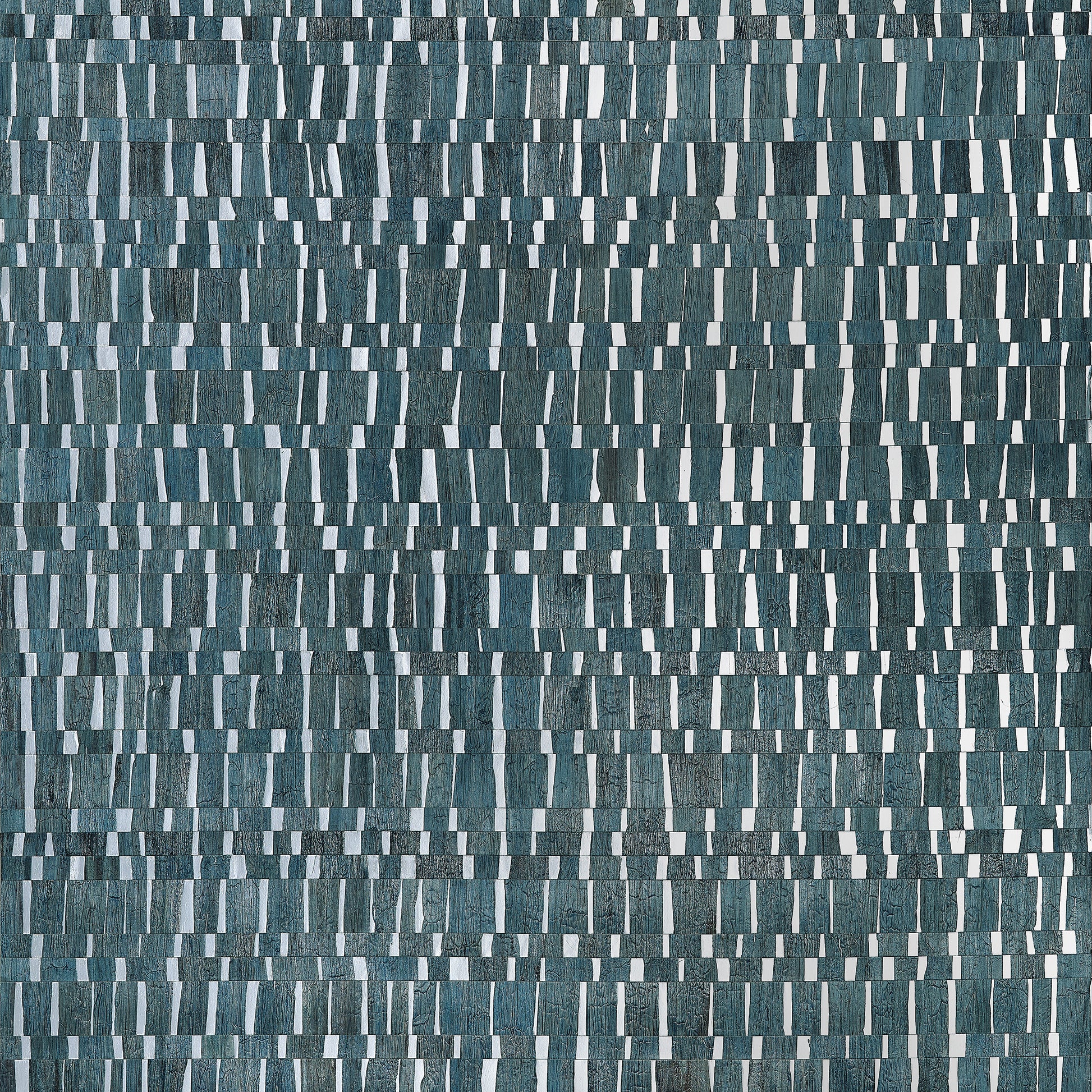 Thibaut Namonaki Mineral wallpaper featuring a mosaic of water hyacinth pieces on metallic foil in deep blue and silver tones.