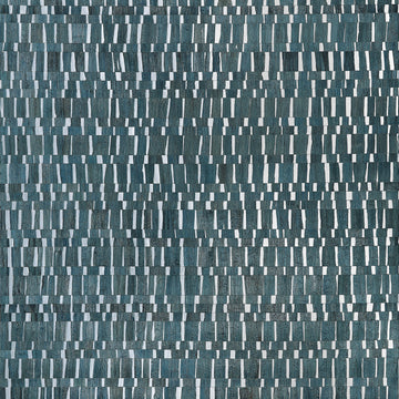 Thibaut Namonaki Mineral wallpaper featuring a mosaic of water hyacinth pieces on metallic foil in deep blue and silver tones.
