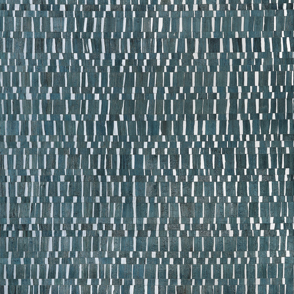 Thibaut Namonaki Mineral wallpaper featuring a mosaic of water hyacinth pieces on metallic foil in deep blue and silver tones.