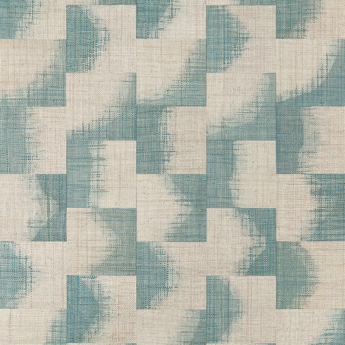Thibaut Raffia Squares Mineral T24429 wallpaper showing dip-dyed blue raffia squares on natural beige grasscloth.
