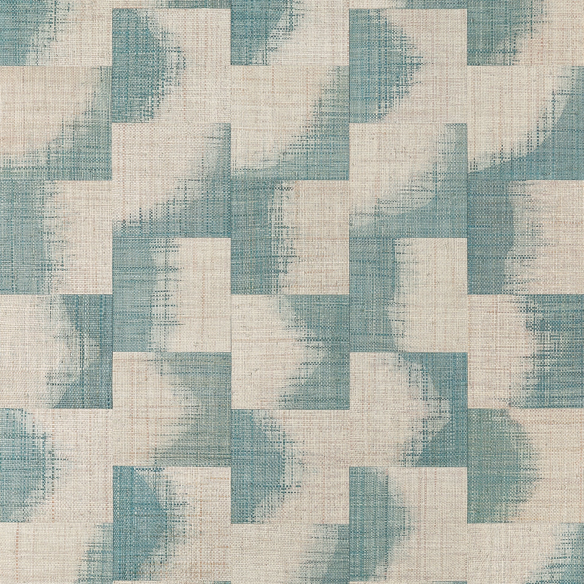 Thibaut Raffia Squares Mineral T24429 wallpaper showing dip-dyed blue raffia squares on natural beige grasscloth.