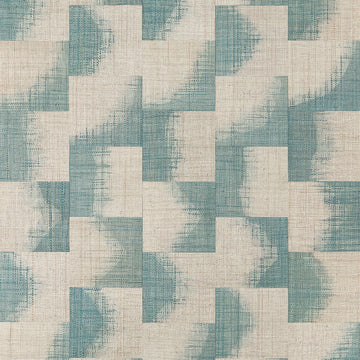 Thibaut Raffia Squares Mineral T24429 wallpaper showing dip-dyed blue raffia squares on natural beige grasscloth.