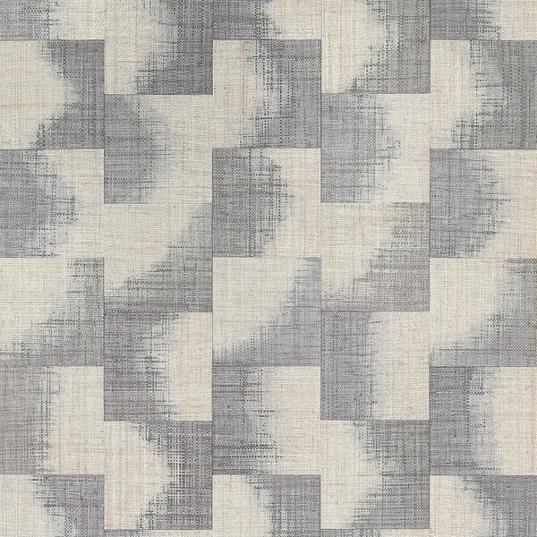 Thibaut Raffia Squares Graphite T24430 wallpaper with patchwork raffia squares in graphite grey and cream.