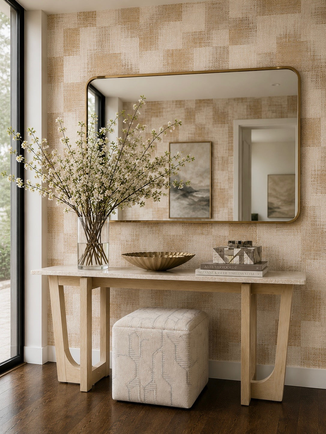 Thibaut Raffia Squares Beige T24431 geometric raffia grasscloth wallpaper swatch