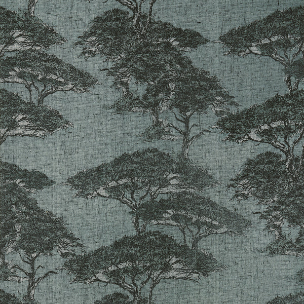 Thibaut Torrey Pines wallpaper in Mineral T24434 with layered pine trees on a dusty blue linen-mesh texture.